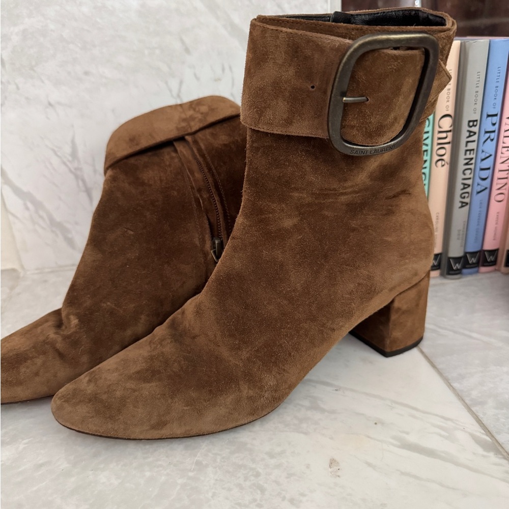 Yves Saint Laurent Suede Ankle Boots Brown Size 37 Side Zip & Engraved Buckle